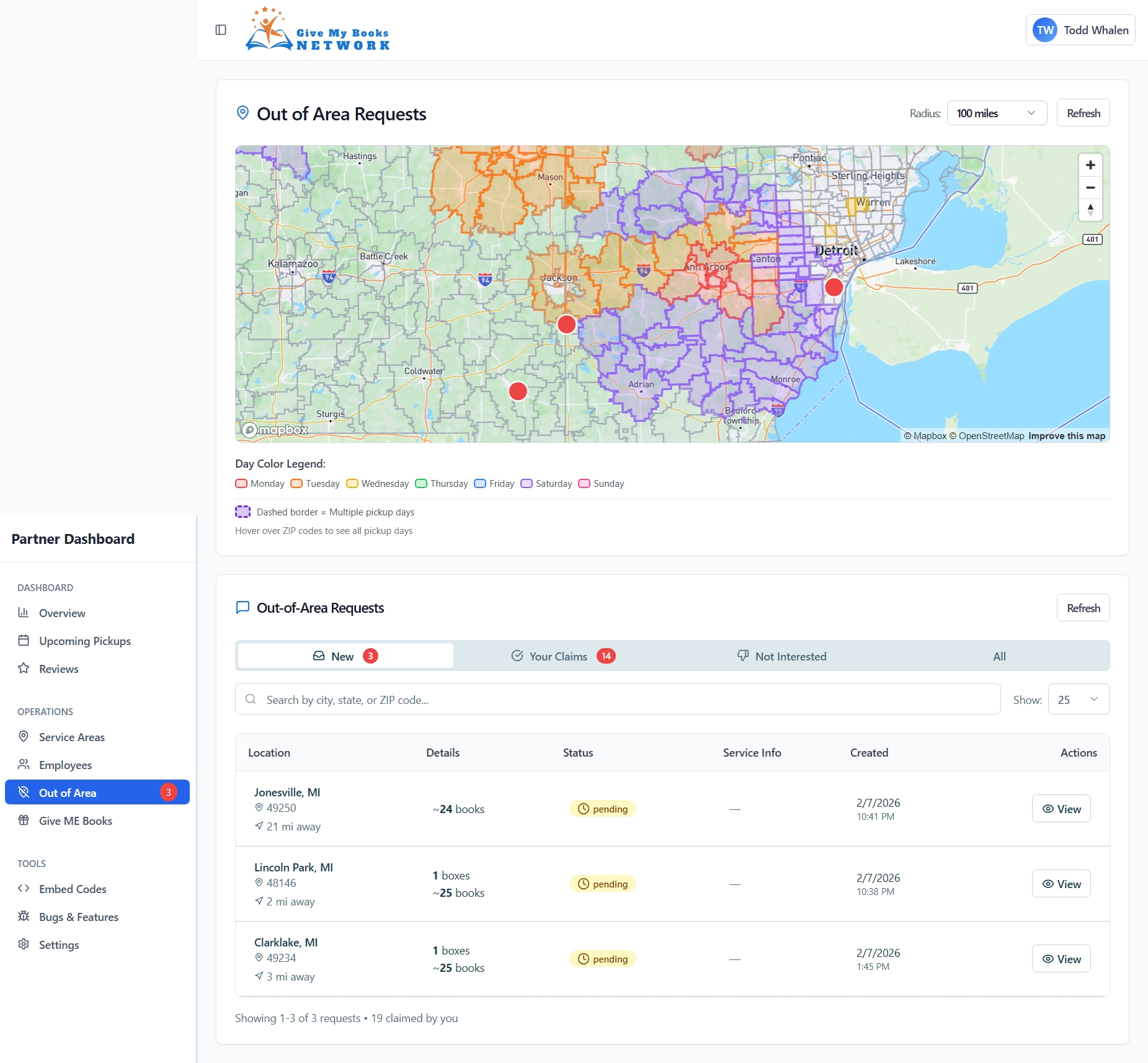Out of Area Request System showing unclaimed pickup opportunities