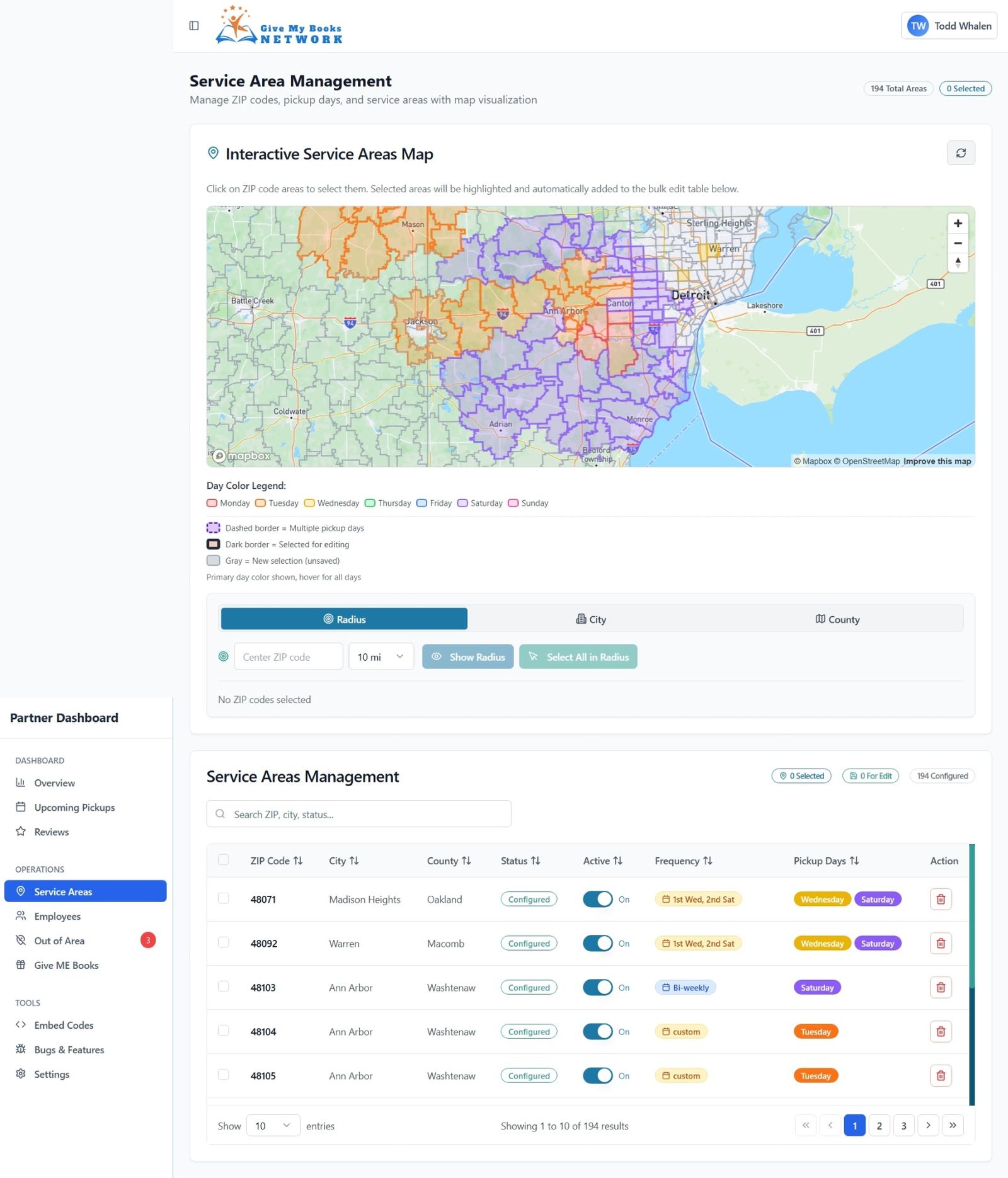 Service Area Management interface with ZIP codes and availability settings